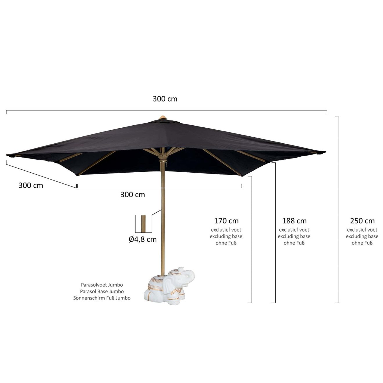 96918130 Lombok Parasol 3x3m Zwart Afmeting