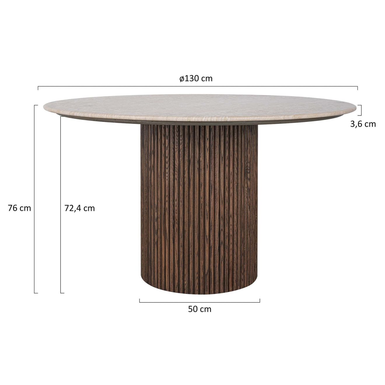 96415180 Bolzano Eettafel ø130 Donker Marmer Travertine Afmeting