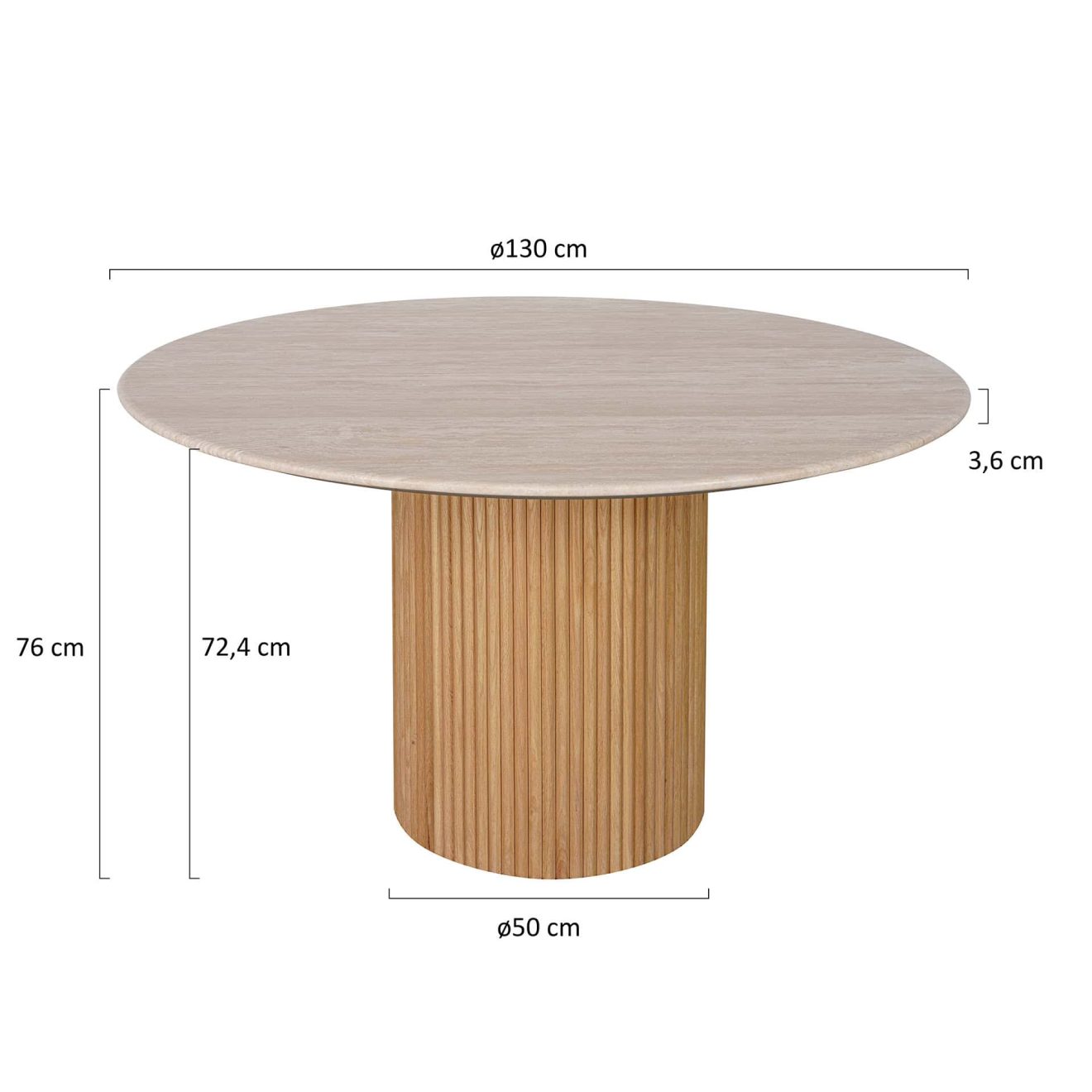 96415190 Bolzano Eettafel ø130 Naturel Marmer Travertine Afmetoing